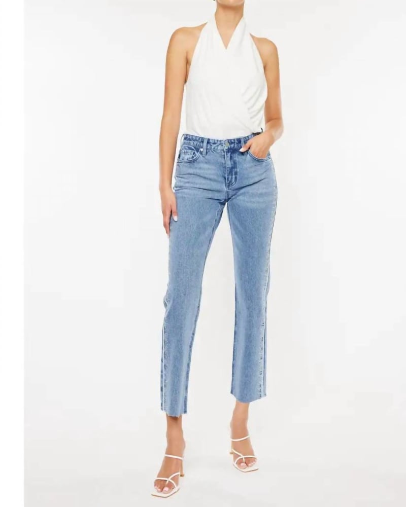 Front of a model wearing a size 15/31 Evelyn Mid Rise Jeans In Blue in Blue by KanCan. | dia_product_style_image_id:353693